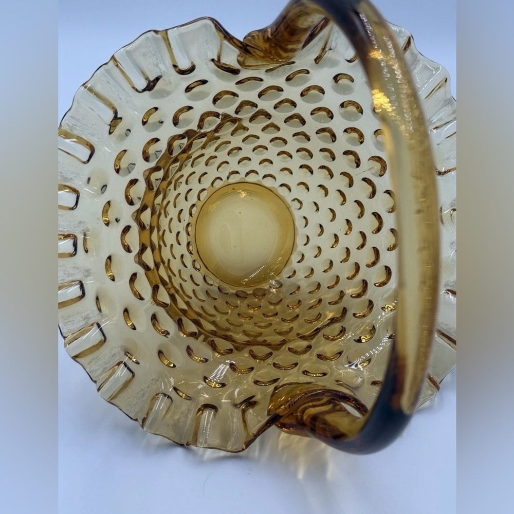 Vintage Amber Hobnail Glass Basket Ruffled Edge Applied Handle Candy Dish - Picture 7 of 9